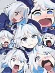  1girl :i =_= ahoge aqua_(konosuba) ascot black_ascot blue_eyes blue_hair blush colored_inner_hair commentary_request constricted_pupils crying crying_aqua_(meme) crying_with_eyes_open furina_(genshin_impact) genshin_impact grey_background hair_between_eyes hat heterochromia highres kono_subarashii_sekai_ni_shukufuku_wo! light_blue_hair long_hair meme multicolored_hair multiple_views nose_blush open_mouth parody short_hair streaked_hair tears tofudofu top_hat wavy_mouth white_hair 