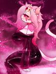  anthro big_breasts blush breasts clothed clothing collar crown domestic_cat dress felid feline felis female hair headgear hi_res latex mammal pink_body pink_eyes pink_hair red_sclera skullwife smile solo spiked_collar spikes 