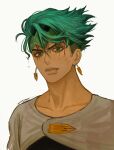  1boy blood blood_on_face diamond_wa_kudakenai earrings green_eyes green_hair green_headband grey_shirt headband highres jewelry jojo_no_kimyou_na_bouken kishibe_rohan looking_at_viewer male_focus on0n parted_lips shirt short_hair simple_background solo upper_body white_background 