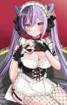  alternate_costume apron atto_silia black_corset blush bow bowtie breasts cleavage cone_hair_bun corset fingerless_gloves fishnet_thighhighs fishnets frilled_apron frills garter_straps genshin_impact gloves hair_between_eyes hair_bun heart heart_hands highres keqing_(genshin_impact) large_breasts long_hair maid_headdress parted_lips purple_eyes purple_hair sweat thighhighs twintails white_apron white_bow white_bowtie 