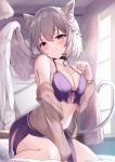  1girl animal_ears blush breasts brown_jacket cat_ears cat_tail cleavage closed_mouth collarbone feathered_wings grey_hair hair_between_eyes highres jacket kishin_sagume large_breasts long_sleeves navel niko_kusa open_clothes open_jacket red_eyes short_hair single_wing solo tail touhou white_wings wings 