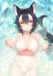  1girl :3 akuma_(st.takuma) animal animal_ears bikini black_hair blue_eyes breasts claw_pose collarbone cowboy_shot day fingernails fish from_above grey_wolf_(kemono_friends) hair_between_eyes hair_intakes hands_up heterochromia highres kemono_friends large_breasts long_hair looking_at_viewer lying multicolored_hair navel on_back outdoors partially_submerged side-tie_bikini_bottom skindentation smile stomach swimsuit tail tongue tongue_out two-tone_hair water white_bikini white_hair wolf_ears wolf_girl wolf_tail yellow_eyes 