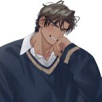  1boy baggy_clothes bara brown_hair dark-skinned_male dark_skin head_tilt large_hands light_blush looking_at_viewer male_focus muscular muscular_male original short_hair sleeves_past_wrists smile solo sweater takayakaiti_(tk049ccn) thick_eyebrows upper_body white_background 