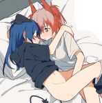  2girls arknights black_hoodie blue_hair blush bottomless bright_pupils closed_eyes closed_mouth coldcat. colored_pubic_hair feather_hair female_pubic_hair fiammetta_(arknights) halo highres hood hood_down hoodie horns hug implied_fingering long_hair looking_at_another lying mostima_(arknights) motion_lines multiple_girls navel on_back on_bed on_side parted_lips pillow pubic_hair red_eyes red_hair shirt short_hair sweatdrop tail trembling white_shirt yuri 