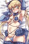  1girl animal_ears armpits artoria_caster_(fate) artoria_pendragon_(fate) blonde_hair cosplay ebora fate/grand_order fate_(series) fur-trimmed_gloves fur-trimmed_legwear fur_bikini fur_collar fur_trim gloves green_eyes highres long_hair looking_at_viewer mash_kyrielight mash_kyrielight_(cosplay) mash_kyrielight_(dangerous_beast) mash_kyrielight_(dangerous_beast)_(cosplay) o-ring o-ring_top purple_gloves purple_tail revealing_clothes tail wolf_ears wolf_tail 