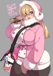  1girl agawa_ryou bag black_pants blonde_hair blush breasts buttons coat curvy fur-trimmed_coat fur-trimmed_sleeves fur_trim grey_background hair_between_eyes hat holding hood hood_up huge_breasts long_hair long_sleeves looking_at_viewer mittens multicolored_hair open_mouth original pants pink_coat pink_hair plump shoulder_bag simple_background solo streaked_hair telescope thick_eyebrows thick_thighs thighs twintails winter_clothes winter_coat yellow_eyes 