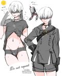  1boy 9s_(nier:automata) androgynous belt black_belt black_blindfold black_choker black_gloves blindfold bulge buttons choker closed_mouth clothes_lift cowboy_shot cropped_legs double-breasted fanning_face gloves grey_jacket grey_shorts hand_on_own_hip hands_up highres jacket lifted_by_self male_focus micro_shorts multiple_views nagano_rira navel nier:automata nier_(series) robot shirt_lift short_shorts shorts simple_background sketch smile sweat sweatdrop translation_request white_background white_hair 