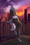  2023 absurd_res anthro bottomwear brown_clothing canid canine canis city city_background clothing cropped_hoodie digital_media_(artwork) female fur grey_body grey_fur grey_hair hair hi_res leaning looking_away mammal midriff missachan navel pants rayne_(antillion123) signature solo sunset sweatpants tail topwear wolf yellow_eyes 