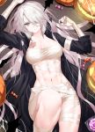  1girl abs absurdres bandaged_arm bandages black_coat blue_eyes breasts burn_scar candy chest_sarashi cleavage coat collarbone commentary_request food hair_between_eyes hair_over_one_eye halloween halloween_costume highres jack-o&#039;-lantern large_breasts lollipop long_hair long_sleeves looking_at_viewer lydia_macarthur lying navel on_back one-eyed open_clothes open_coat original parted_lips sarashi scar scar_on_face sidelocks silk solo spider_web stomach very_long_hair waka_(shark_waka) 
