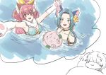 2girls :d animal_ears animal_hands blue_hair breasts cat_ears closed_mouth collarbone dreaming flower hair_flower hair_ornament highres large_breasts long_hair looking_at_viewer meracle_chamlotte mochiccco multiple_girls open_mouth perisie_(star_ocean) pink_hair ponytail sleeping smile star_ocean star_ocean_first_departure star_ocean_the_last_hope swimsuit white_background 