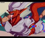  armless bodily_fluids cum cum_on_penis cumshot demon disembodied_penis dragon_ball dragon_ball_z ejaculation fangs floating genital_fluids genitals group hi_res horn humanoid janemba legless looking_down male male/male oral penis purple_body purple_eyes purple_skin red_body red_skin smile smirk solo_focus tail teeth tongue tongue_out trio urokinao vein 