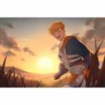  1boy armored_boots artist_name black_shirt blonde_hair boots brown_gloves closed_eyes cloud gloves granblue_fantasy higashigunkan male_focus open_mouth outdoors shirt short_hair sky smile solo sunset translation_request vane_(granblue_fantasy) 