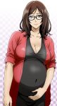  1girl absurdres artist_name big_belly borrowed_character breasts brown_hair cardigan checkered_background cleavage collarbone glasses grey_eyes hand_on_own_stomach highres large_breasts looking_at_viewer original pregnant red_cardigan sado_art smile solo white_background 