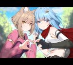  2girls animal_ear_fluff animal_ears armlet belt black_belt black_gloves black_nails blue_eyes blue_hair blurry blurry_background bow bowtie breasts cape cat_ears cat_girl character_request cleavage commission crop_top crown_hair_ornament detached_sleeves dress fingerless_gloves gloves gold_trim heart heart_hands highres holding_hands indie_virtual_youtuber light_brown_hair medium_hair multiple_girls navel niqoni_(vtuber) purple_dress red_cape see-through see-through_cleavage shirt sleeveless sleeveless_shirt valefal_coneri vgen_commission white_shirt yellow_bow yellow_bowtie 