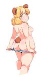  1girl absurdres animal_ears blonde_hair breasts brown_tail closed_mouth cloudxmoe dot_nose english_commentary from_behind hair_over_shoulder highres long_hair looking_at_viewer looking_back median_furrow nipples original panties panty_pull plump short_tail simple_background small_breasts solo tareme thick_arms thick_thighs thighs topless underwear underwear_only white_background yellow_eyes 