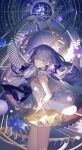  1girl arcaea bad_hands bow breasts commentary constellation dress english_commentary film_grain highres jacket lagrange_(arcaea) lobelia_(saclia) long_hair looking_at_viewer monocle open_clothes open_jacket orb outstretched_hand purple_background purple_bow purple_eyes purple_hair serious small_breasts solo stairs white_jacket yellow_dress 