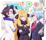  1girl 2boys aqua_eyes aqua_hair augustine_sycamore black_coat black_hair blonde_hair coat collared_shirt cynthia_(pokemon) fur_trim gohan_(horth-waribasi) grey_eyes hair_ornament hair_over_one_eye jacket labcoat long_hair long_sleeves multiple_boys necktie open_clothes open_jacket open_mouth pokemon pokemon_(game) pokemon_dppt pokemon_masters_ex pokemon_oras pokemon_xy red_necktie shirt short_hair steven_stone upper_body white_coat 