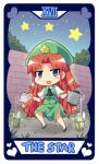  1girl beret blush chinese_clothes colonel_aki commentary_request duplicate flats full_body gold_trim hat hat_ornament hong_meiling long_hair night outdoors pouring red_hair roman_numeral side_slit solo sparkle standing star_(sky) star_(symbol) star_hat_ornament tarot_(medium) the_star_(tarot) touhou 