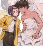  1boy 1girl black_pants blush couple cowboy_bebop crossdressing dress faye_valentine goomyloid hairband highres jacket looking_at_another messy_hair necktie pants purple_hair spike_spiegel wedding_dress white_dress yellow_hairband yellow_jacket 