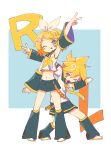  1boy 1girl absurdres blonde_hair blush_stickers brother_and_sister dab_(dance) detached_sleeves full_body hair_ornament hairclip highres kagamine_len kagamine_rin leg_warmers midriff navel neckerchief offbeat one_eye_closed shirt short_hair shorts siblings standing swept_bangs twins vocaloid white_shirt yellow_neckerchief 