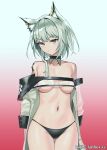  1girl animal_ear_fluff animal_ears arknights bare_shoulders black_panties blue_background breasts closed_mouth collarbone gradient_background green_eyes grey_hair highres jacket kal&#039;tsit_(arknights) long_sleeves looking_at_viewer medium_breasts naked_jacket nipples off-shoulder_jacket off_shoulder panties puffy_long_sleeves puffy_sleeves red_background see-through siguya solo underwear v-shaped_eyebrows watermark web_address white_jacket 