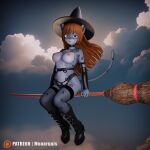  3d_(artwork) absurd_res anthro black_clothing boots breasts broom broom_riding butt cleaning_tool clothing digital_media_(artwork) felid female footwear hair halloween_costume hat headgear headwear hi_res high_heeled_boots high_heels holidays legwear lingerie magic_user mammal momo_(monarquis) monarquis nipple_outline pantherine red_hair snow_leopard solo thigh_highs witch witch_costume witch_hat 