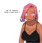  1girl blush breasts cleavage dark-skinned_female dark_skin earrings english_text highres jewelry ohasi original pink_(ohasi) pink_eyes pink_hair short_hair simple_background solo sweat tank_top white_background 