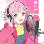  1girl blue_overalls headphones iwatnc jacket long_sleeves looking_at_viewer microphone ootori_emu open_mouth overalls pink_background pink_eyes pink_hair pink_jacket project_sekai shirt smile solo studio_microphone yellow_shirt zipper 