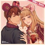  1boy 1girl aurora_(disney) blonde_hair bow brown_eyes character_name copyright_name crown cup disposable_cup doughnut drink drinking_straw food hair_bow hand_on_another&#039;s_arm hetero holding holding_cup holding_drink instagram_username lipstick long_hair looking_at_viewer makeup mickey_mouse_ears mizala pink_background pink_bow prince_philip simple_background sleeping_beauty smile twitter_username upper_body watermark 