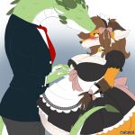  1:1 2022 5_fingers anthro anthro_on_anthro big_breasts black_nose blush bodily_fluids breasts brown_hair canid canine cleavage clothed clothing dragon duo erika_(raydis) eyes_closed female fingers forehead_kiss fox fur gloves_(marking) green_body green_eyes green_scales hair hand_on_stomach hands_on_stomach head_kiss hi_res huge_belly huge_breasts humanoid_hands kissing legwear maid_uniform male male/female mammal markings mechasupial multicolored_body multicolored_fur navel nipple_outline orange_body orange_fur outie_navel pregnant pregnant_female red_fox scales signature standing stockings story story_in_description suit tears two_tone_body two_tone_fur uniform victor_viridis white_body white_fur 