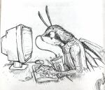  antennae_(anatomy) anthro arthropod bedupolker beverage clothed clothing computer computer_keyboard computer_mouse container cup drinking female fur furniture insect insect_wings lepidopteran lepidopteran_wings moth shirt side_view solo table topwear typing wide_eyed wings 