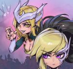  2girls :d akali blonde_hair breasts brown_hair character_request cleavage closed_mouth coven_akali fang frown hand_up large_breasts league_of_legends long_hair multicolored_hair multiple_girls phantom_ix_row ponytail purple_eyes shiny_skin sideways_glance slit_pupils smile sweatdrop teeth two-tone_hair upper_teeth_only yellow_eyes 