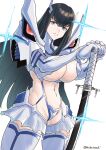  1girl bikini black_hair blue_bikini blue_thighhighs breasts chikoinochi cowboy_shot frown highres holding holding_sword holding_weapon junketsu katana kill_la_kill kiryuuin_satsuki large_breasts lens_flare living_clothes long_hair looking_at_viewer navel standing swimsuit sword thighhighs two-tone_bikini two-tone_thighhighs underboob weapon white_bikini white_thighhighs 