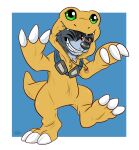  2017 agumon anthro bandai_namco black_hair canid canine clothed clothing digimon digimon_(species) digitigrade elemental_creature elemental_humanoid eyewear fire_typing firedog firestone fur generation_1_pokemon goggles grey_body grey_fur growlithe hair hi_res humanoid jewelry kigurumi male mammal necklace nintendo onesie orange_eyes pajamas paws pokemon pokemon_(species) raised_arm raised_leg razor_the_firedog stripes waywardmutt 