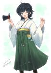  1girl ahoge black_hair feet_out_of_frame green_eyes green_hakama hakama hat holding holding_clothes holding_hat japanese_clothes kantai_collection kitagawa_mikio matsukaze_(kancolle) meiji_schoolgirl_uniform mini_hat mini_top_hat one-hour_drawing_challenge open_mouth short_hair smile solo standing swept_bangs top_hat unworn_hat unworn_headwear w_arms wavy_hair 