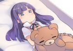  1girl absurdres apron bed blunt_bangs collared_shirt commentary_request doll_hug dress_shirt dyson_(edaokunnsaikouya) frilled_apron frills highres long_hair lying object_hug purple_eyes purple_hair shirt solo stuffed_animal stuffed_toy teddy_bear upper_body wagnaria_uniform white_shirt working!! yamada_aoi yellow_apron 