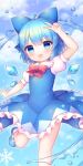  1girl blue_bow blue_dress blue_eyes blue_footwear blue_hair blush bow cirno coa_(chroo_x) collared_shirt detached_wings dress fairy foot_out_of_frame frilled_dress frills hair_between_eyes hair_bow highres ice ice_wings open_mouth shirt shoes short_hair short_sleeves smile socks solo touhou v white_shirt white_socks wings 