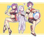  1boy 1girl 1other abs armband arval_(fire_emblem) ball beachball bikini black_bikini black_choker breasts choker cleavage color_wheel_challenge fanning_self fire_emblem fire_emblem:_three_houses fire_emblem_heroes fire_emblem_warriors:_three_hopes flip-flops flower food food_in_mouth grey_hair haconeri hair_flower hair_ornament hair_over_one_eye hand_fan hibiscus highres invisible_chair looking_at_another male_swimwear muscular muscular_female muscular_male official_alternate_costume pale_skin popsicle popsicle_in_mouth purple_hair red_trim sandals shez_(female)_(fire_emblem) shez_(female)_(summer)_(fire_emblem) shez_(fire_emblem) shez_(male)_(fire_emblem) shez_(male)_(summer)_(fire_emblem) sitting stomach swim_trunks swimsuit 
