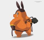  2_fingers anthro big_butt butt clothed clothing ears_up fingers generation_5_pokemon hi_res looking_back male nintendo orange_body overweight overweight_male pignite pokemon pokemon_(species) simple_background slightly_chubby smile solo spunkerart thick_thighs white_background 