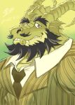  absurd_res anthro beard coin dragon facial_hair fangs frill_(anatomy) head_crest head_frill hi_res horn kas20241013 kemono long_beard looking_at_viewer male mature_male mustache necktie office_clothing scalie solo teeth western_dragon 
