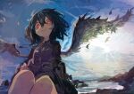  1girl absurdres backlighting black_hair black_wings blue_sky bright_pupils closed_mouth dawn feathered_wings feathers hair_between_eyes highres kaamin_(mariarose753) messy_hair red_eyes shameimaru_aya sky solo sun touhou wavy_mouth white_pupils wings 