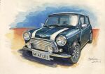  absurdres artist_name atelier_634 blue_sky car dated green_car highres license_plate mini_cooper motor_vehicle no_humans original painting_(medium) shadow signature simple_background sky traditional_media vehicle_focus white_background 