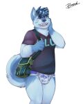  anthro bag bastionshadowpaw blue_body blue_fur blue_hair canid canine canis clean_diaper clothed clothing diaper domestic_dog eyes_closed fur hair hi_res holding_bag husky hybrid male mammal nordic_sled_dog shirt smile solo spitz t-shirt topwear wearing_diaper wintie wolf 