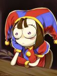  1girl black_background brown_hair gloves hand_on_own_face hat heterochromia highres jester jester_cap nifast_(greentail) pale_skin pomni_(the_amazing_digital_circus) simple_background sitting solo the_amazing_digital_circus upper_body 