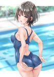  1girl :o adjusting_clothes adjusting_swimsuit armpit_crease ass back back_cutout black_eyes blue_one-piece_swimsuit blurry blurry_background blush border breasts brown_hair clothing_cutout commentary_request competition_swimsuit cowboy_shot double-parted_bangs from_behind highleg highleg_swimsuit highres light_blush looking_at_viewer looking_back one-piece_swimsuit open_mouth original outdoors pool short_hair small_breasts solo swimsuit teeth upper_teeth_only water wet wet_clothes wet_swimsuit white_border wing_(aiastor) 