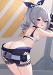  1girl ass black_gloves black_shorts blush breasts butt_crack clothes_pull commentary_request cowboy_shot crossed_bangs drill_hair fang fingerless_gloves fishnets from_behind gloves grey_hair hair_between_eyes honkai:_star_rail honkai_(series) leaning_forward long_hair looking_at_viewer looking_back nc731 paid_reward_available ponytail purple_eyes short_shorts shorts shorts_pull silver_wolf_(honkai:_star_rail) small_breasts solo thigh_strap variant_set 