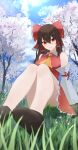  1girl absurdres arm_support ascot ass bare_shoulders bow branch brown_hair cherry_blossoms day detached_sleeves from_below grass hair_between_eyes hair_bow hair_tubes hakurei_reimu highres long_hair looking_at_viewer on_grass outdoors palulap perspective petals red_bow red_eyes sitting sky smile solo touhou tree 