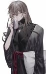  1boy androgynous bishounen black_shirt cup ear_piercing expressionless grey_eyes grey_hair grey_robe hair_between_eyes highres holding holding_cup holding_pillow industrial_piercing long_hair looking_at_viewer male_focus msa_(fary_white) original piercing pillow red_pupils robe shirt simple_background solo upper_body white_background 