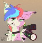  2023 ambiguous_gender blue_hair cigarette collar collar_tag ear_piercing ear_tuft equid equine feral fur green_eyes gun hair hasbro hi_res holding_gun holding_object holding_weapon looking_at_viewer mammal multicolored_hair my_little_pony pedals_(pedalspony) pedalspony_(artist) pegasus piercing ranged_weapon red_hair signature simple_background solo tan_background tuft using_wings weapon white_body white_fur wing_hold wings 