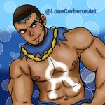  1boy abs bara bare_pectorals beard bodypaint dark-skinned_male dark_skin facial_hair highres lonecerberusart male_focus matt_(pokemon) muscular pectorals pokemon pokemon_(game) pokemon_oras short_hair solo team_aqua topless_male upper_body water 